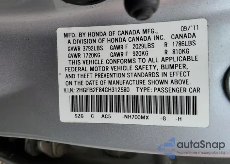 2012 Honda Civic Ex z USA, uszkodzony, nr VIN 2HGFB2F84CH312580